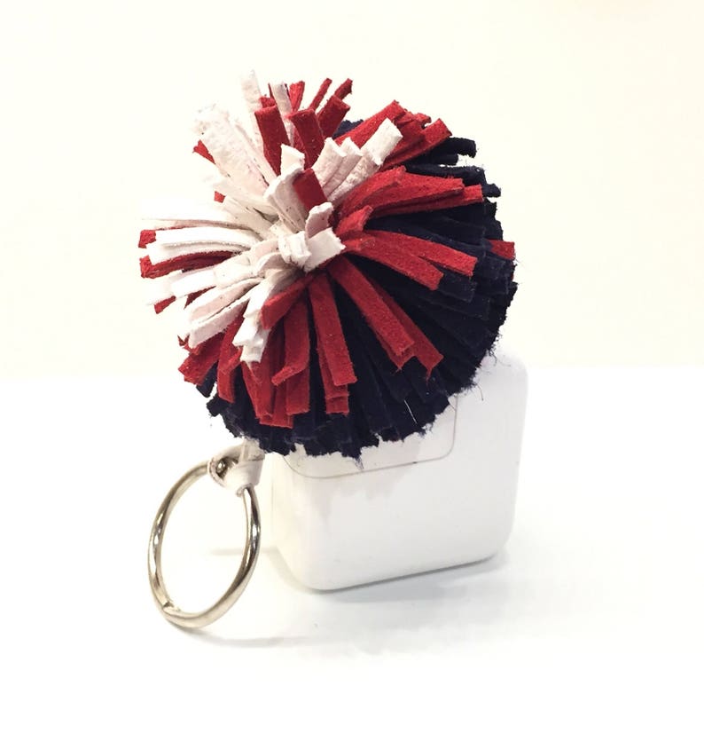 Patriotic Key Fob,Pompom Key Fob,Pompom Keychain,Pompom Clip,Leather Keychain,Key Fob, 4th of July,Red White and Blue, USA FREE SHIPPING image 1