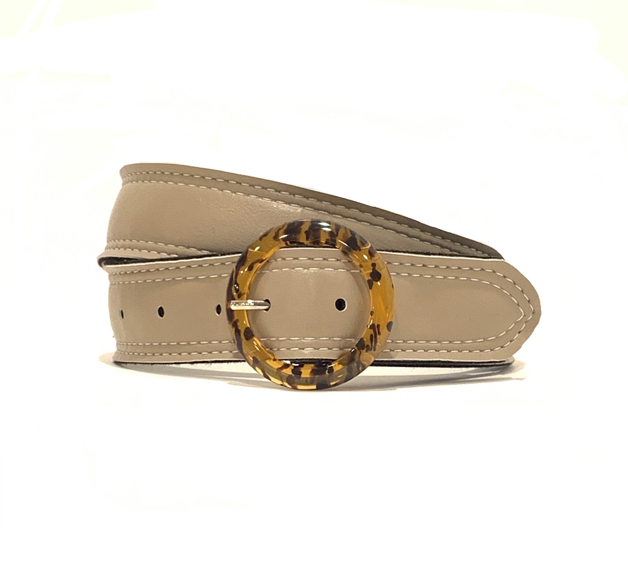 Taupe Vegan Belt With Round Tortoiseshell Buckle, Tan Belt 