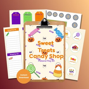 以下が含まれることがあります： 「Sweet Treats Candy Shop」の文字が入ったクリップボードを備えた、ハロウィーンをテーマにしたごっこ遊びキット。値札、買い物リスト、お菓子をテーマにしたグラフィックが含まれています。「Instant Download」の丸いボタンも表示されています。