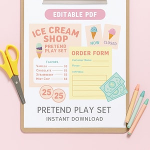 Ensemble de jeu de simulation de magasin de crème glacée imprimable - PDF modifiable pour les enfants