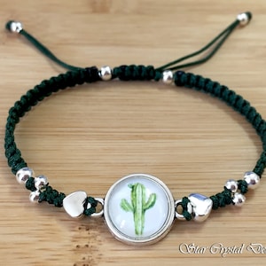 Customize Personalize Cactus Plant Design Cabochon Glass Charm Macrame Braided Adjustable Bracelet - Choose Your Custom Colors