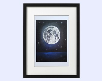 Moon Print - Outer Space Art - Planet Prints - Lunar Print - Blue Moon Print - Moon Painting - Space Painting - Astronomy Print - Moon Art