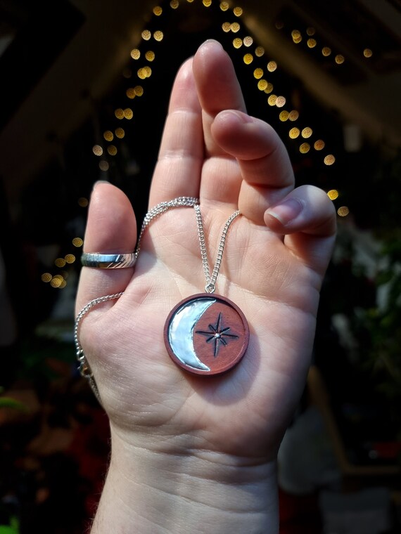 Crescent Moon Necklace - Star Necklace - Wooden Necklace - Wood Pendant - Celestial Necklace - Handmade Jewellery - Silver Moon Necklace
