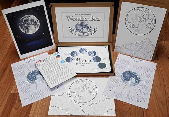 Moon Wonder Box - Learning Box - Activity Box - Moon Facts - Moon Art - Learning Pack - Space Painting - Space Facts - Colouring-in Sheets