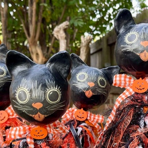 Halloween super BLACK CAT rattle, noise maker, parade, party shaker, maracas, folk art paper mache vintage style