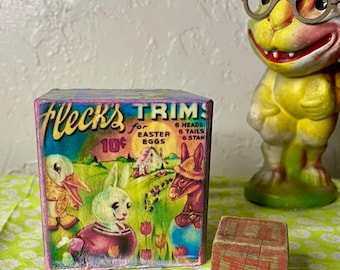 Vintage Easter Block: Decoupage Easter Egg Ads, Solid Wood Decor