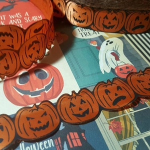 Vintage Die Cut  Halloween Jack o'lantern satin ribbon, orange and black, 3 different faces, price per yard