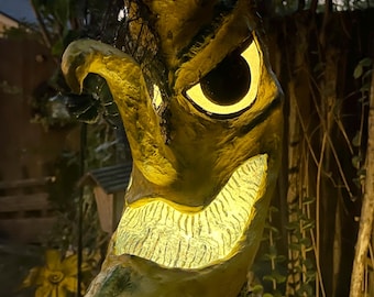 Handmade Paper Mache Crescent Moon Lantern, Halloween Folk Art