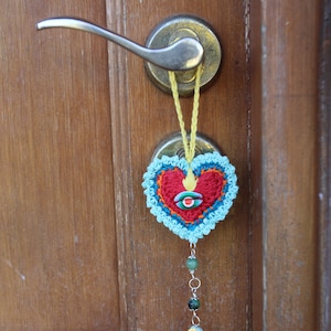 Handgjord virkad Heligt Hjärta Hängande Tofs/Dörrknoppshängare/Väggbonad/Gåva/Boho Stil/Mexikansk Folkkonst/Frida Stil Heligt Hjärta/Hem