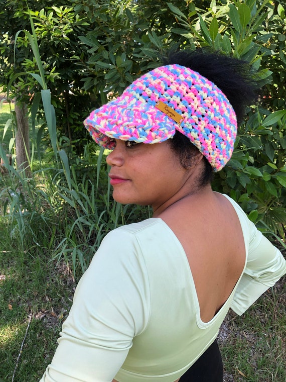 Crochet bubblegum Visor/messy Bun/ Sun 