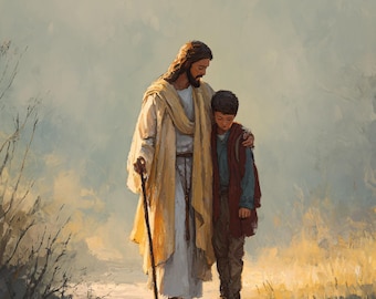 Jesus Comforting Lost Boy Christian Art, Faith Hope Printable (Digital Download)