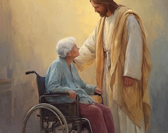 Jesus Comforting Elderly Woman Wall Art, Christian Faith Healing Print (Digital Download)