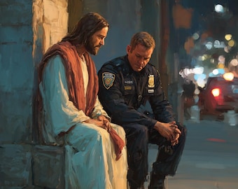 Jesus Comforting Police Officer Wall Art, Christian Faith Print (Digital Download)