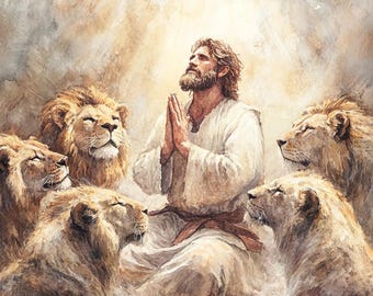 Daniel in Lion's Den Watercolor Art – Faith Bible Story Print (Digital Download)