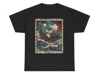 -shirt Jésus calmant la tempête | Illustration de bateau religieux vintage