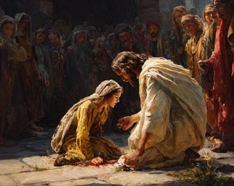 Jesus Healing Woman Touch Garment Art, Biblical Faith Miracle Print (Digital Download)