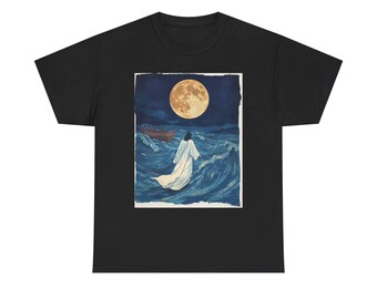 Jesus Walking on Water in Waves Moonlit Ocean T-Shirt | Spiritual Surreal Art Tee
