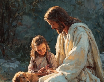 Jesus with Girl and Dog Wall Art, Christian Faith Print (Digital Download)