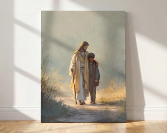 Jesus Comforting a Lost Boy Matte Canvas Stretched 1.25" | Christian Wall Art, Inspirational Bible Print