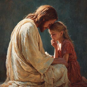 May include: A painting shows a man in a cream robe with long brown hair, embracing a young girl in a red dress. The man has a beard and is gently touching the girl's head. The background is a dark, textured wall.