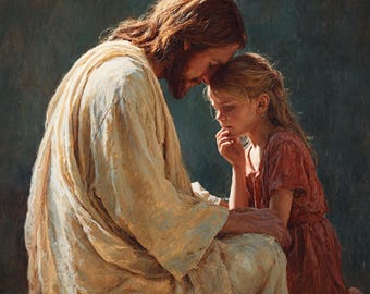 Jesus Comforting Grieving Child Wall Art, Christian Faith Hope Poster (Digital Print)