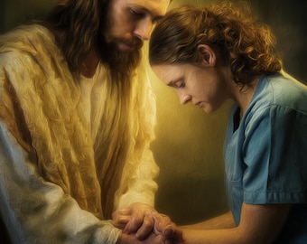 Jesus Comforting Nurse Wall Art, Christian Healthcare Prayer Print (Digital Download)