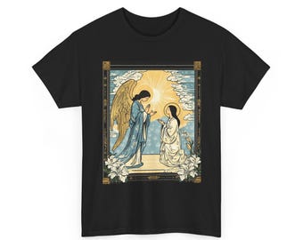 Ange d'annonciation et illustration de Marie | art religieux vintage, bordure florale