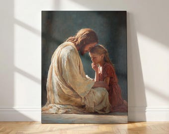 Jesus Comforting Grieving Little Girl Canvas | Faith Hope Comfort Wall Art