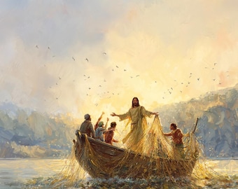 Jesus Miraculous Catch Christian Art, Palette Knife Scripture Print (Digital Download)