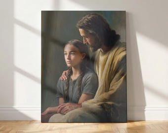 Jesus Comforting Hurt Girl Matte Canvas Wall Art | Christian Encouragement