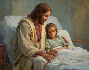 Jesus Comforting Sick Child Christian Art Print, Healing Faith Artwork (Digital Download)