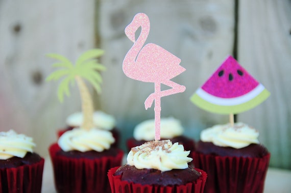 12pcs Glitter Pineapple Flamingo Palm Tree Cake Toppers Birthday Cupcake Topper
