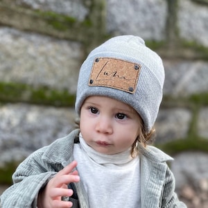 Leather Patch Beanies Personalized, Baby Newborn Beanies Custom, Signature Cursive, Infant Toddler Kids Youth, Vegan Leather Patch Hats