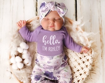 Newborn baby girl coming home outfit with lilac floral, Baby shower gift for baby girl, Baby girl going home outfit from hospital