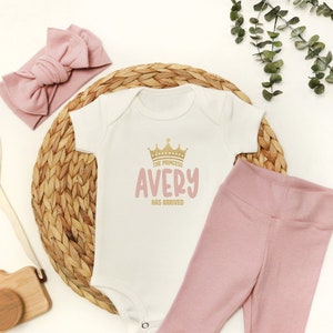 The Princess Has Arrived Baby Girl Coming Home Outfit Personalized Gold Glitter Newborn Girl Coming Home Outfit Pink Newborn Girl