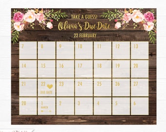 Guess baby birthday calendar, Baby Due Date Calendar, Guess the due date, Rustic Baby Shower Games, Baby predictions calendar