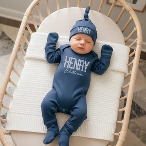 Newborn Baby boy coming home outfit, Baby Shower gift with name, Romper and hat outfit set