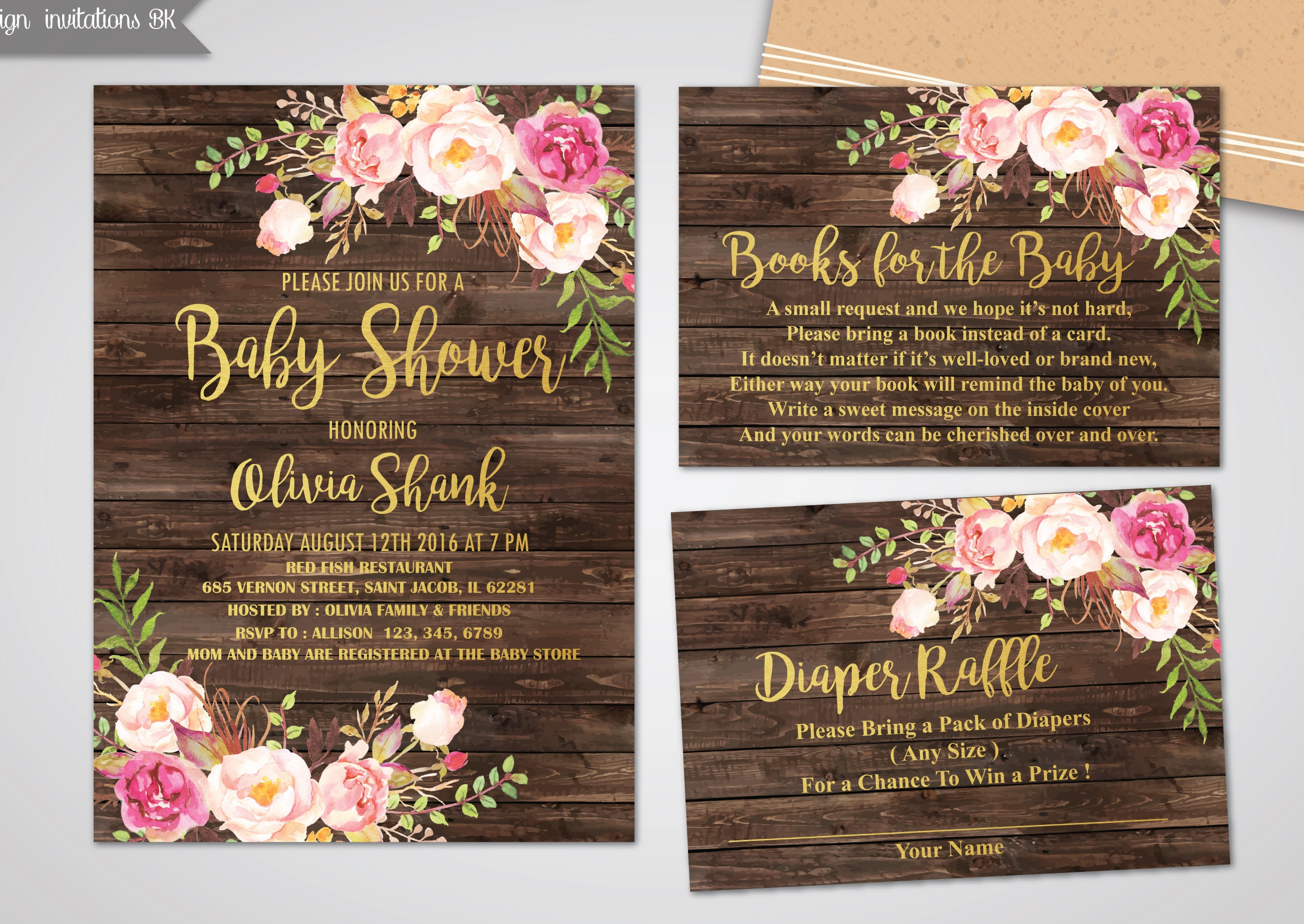 Baby Shower Invitation Girl, Gold and Pink Baby Shower Invitation for…