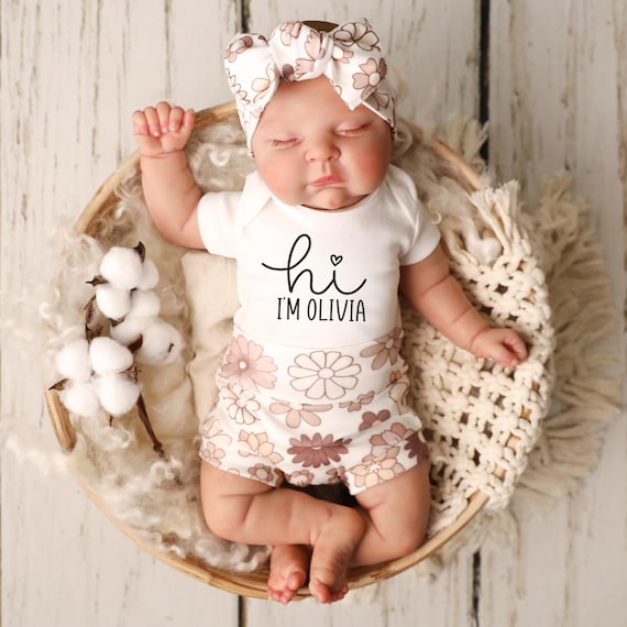 Baby Girl Bunny Print Romper & Headband Set - Newborn Coming Home Outfit With Zipper