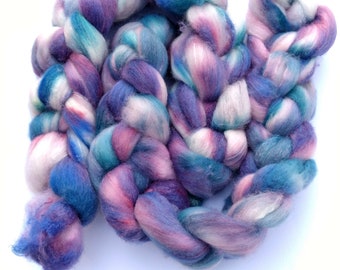 Polwarth Silk Blend, Combed Top, Hand Dyed in Blue, Teal, Purple, Pink, Pastels,  Very Soft and Puffy, 22 Micron, For Spinning or Felting