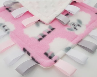 Taggy Blanket | 8" Pink Lambs Blanket | Baby Gift | Soft Fabric | Activity Blanket | Cuddle Blanket | Sensory Blanket | Boys & Girls Gift