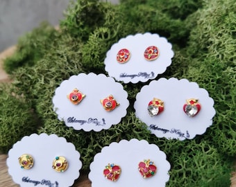 Brooches, stud earrings, manga, anime, crystal, Sailor Moon inspired, magical girl, kawaii