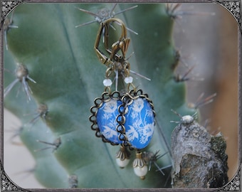 Cabochon Blüten Ohrringe Weiss-Blau 1