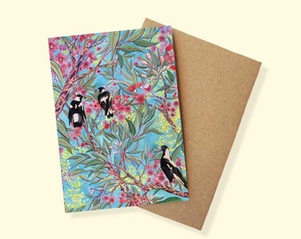 Magpies in the Gum Blossom Greeting Card - watercolour, recycled paper, made in Australia