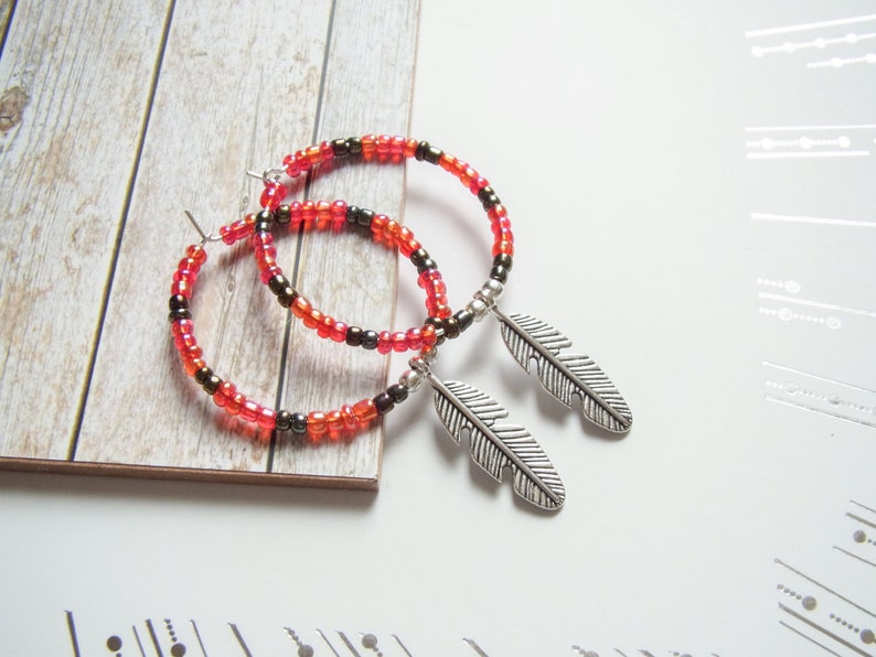 Ladies Hoop Earrings Beaded Hoop Silver Earrings Silver Feather hoops Bohemian Earrings