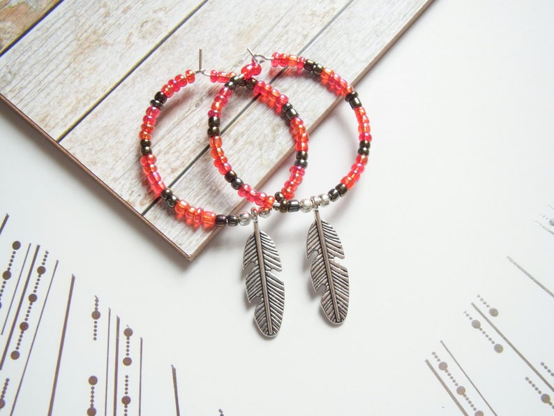 Ladies Hoop Earrings Beaded Hoop Silver Earrings Silver Feather hoops Bohemian Earrings