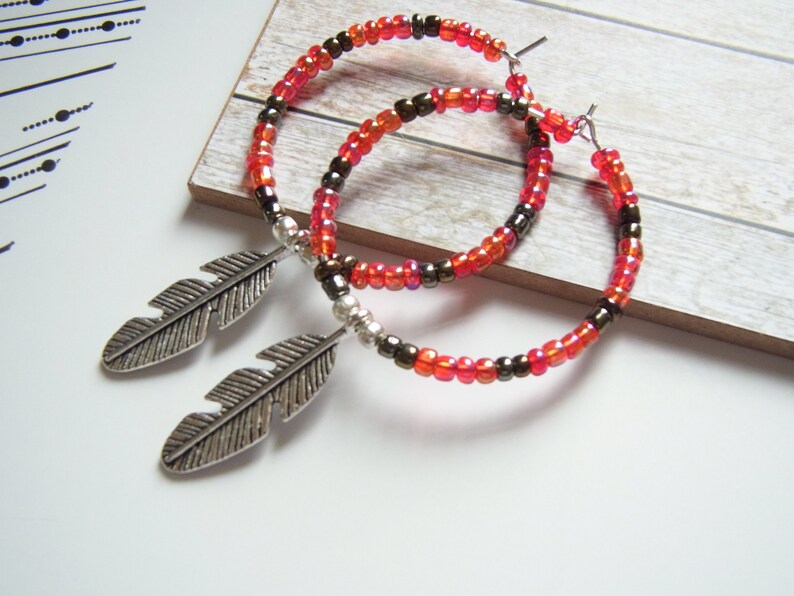 Ladies Hoop Earrings Beaded Hoop Silver Earrings Silver Feather hoops Bohemian Earrings
