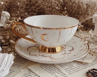 ASTERIA COLLECTION Moon & Stars: Teacup and saucer set, minimalist witchy light academia