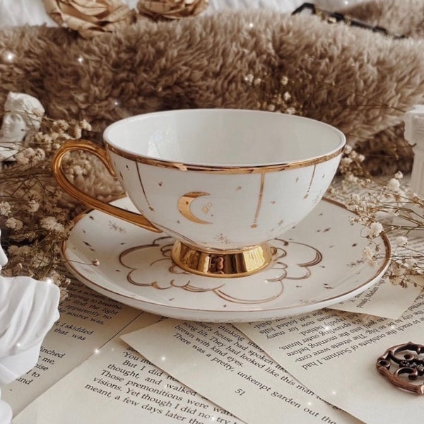 ASTERIA COLLECTION Moon & Stars: Teacup and saucer set, minimalist witchy light academia