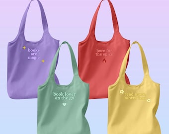 EMBROIDERED BOOK TOTES - Fit 16&quot; laptop! (Book lover on the go, here for the spice, books are magic, read more, worry less)